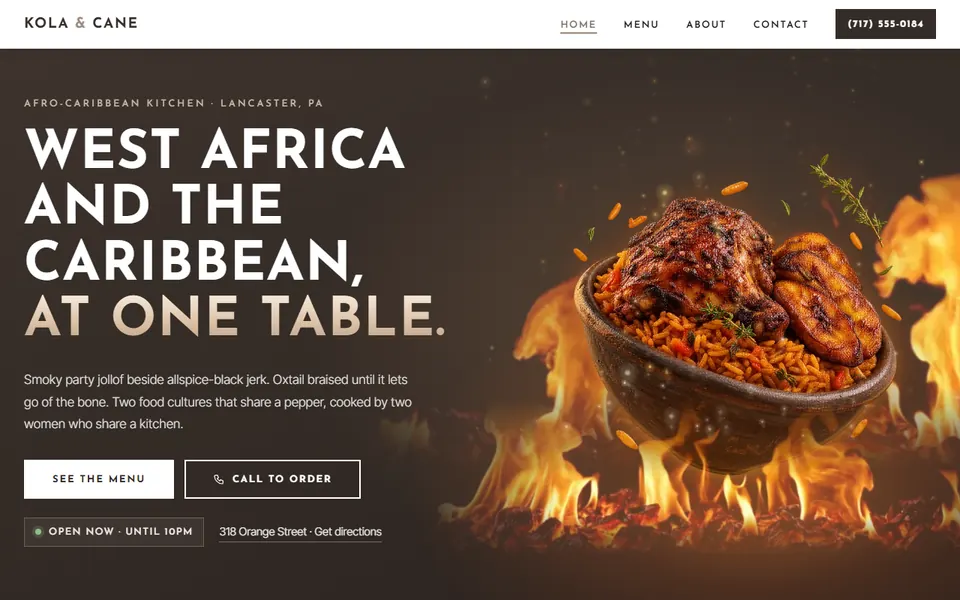 Kola & Cane concept site: a still bowl of jollof and jerk in scroll-built fire