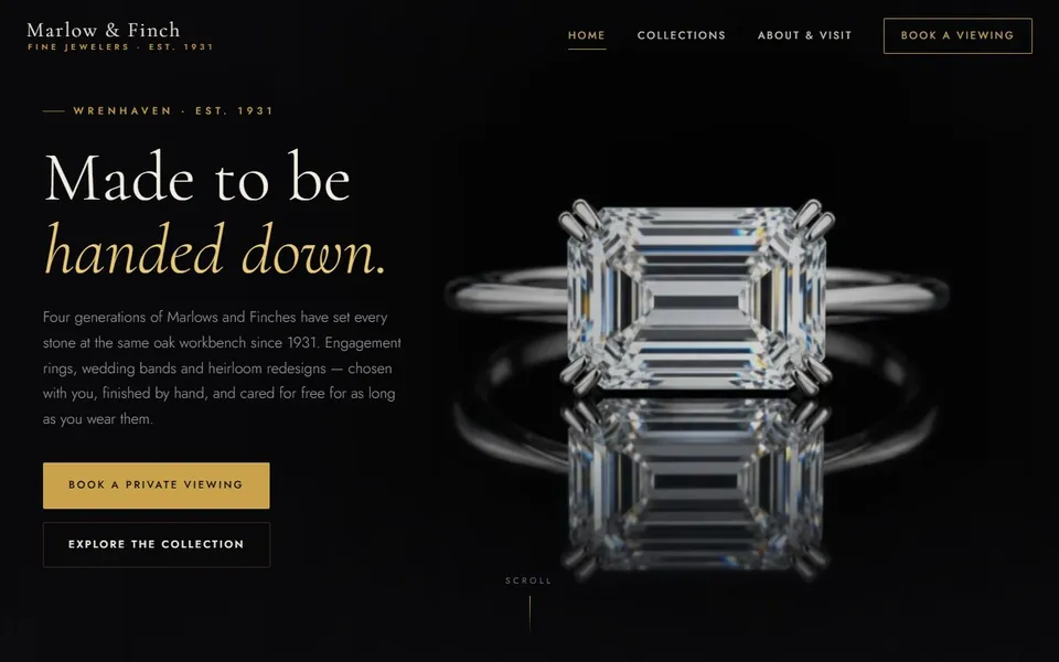 Marlow & Finch Jewelers concept site: heritage homepage hero
