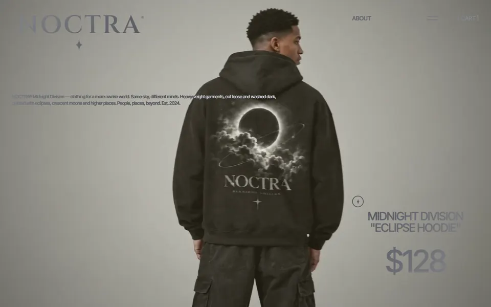 NOCTRA concept site: the cursor turns the model to show the eclipse print on the hoodie's back