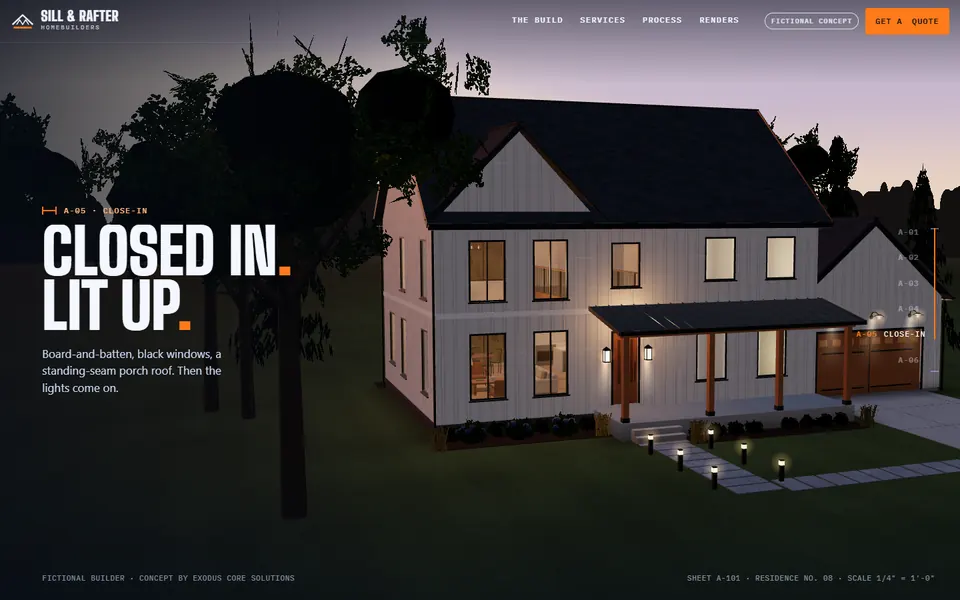 Sill & Rafter concept site: a farmhouse that builds itself in 3D, closed in and lit up at dusk