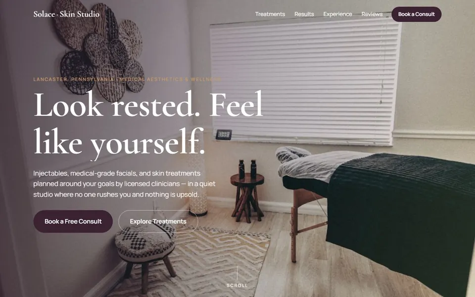 Solace Skin Studio concept site: calm-luxury homepage hero