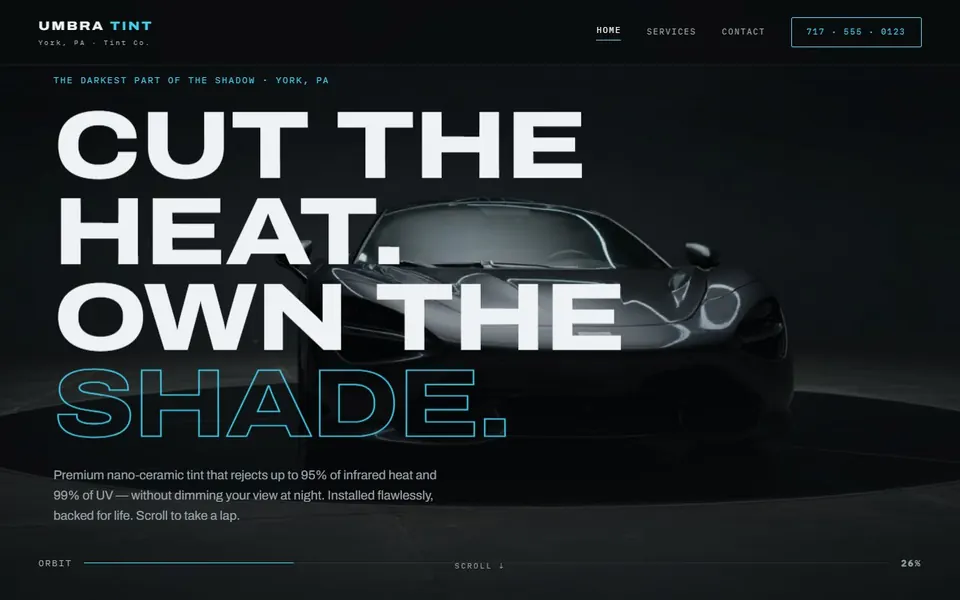 Umbra Tint Co. concept site: scroll-driven supercar hero