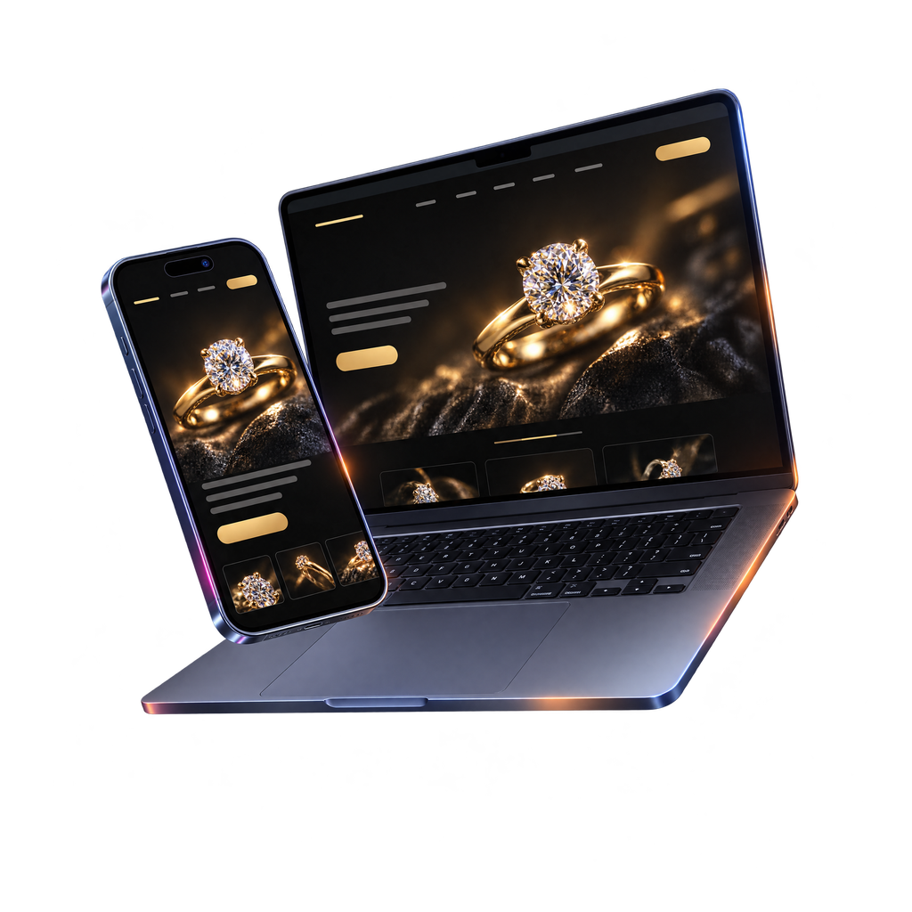 A laptop and a phone floating side by side, each showing a concept website I designed and built