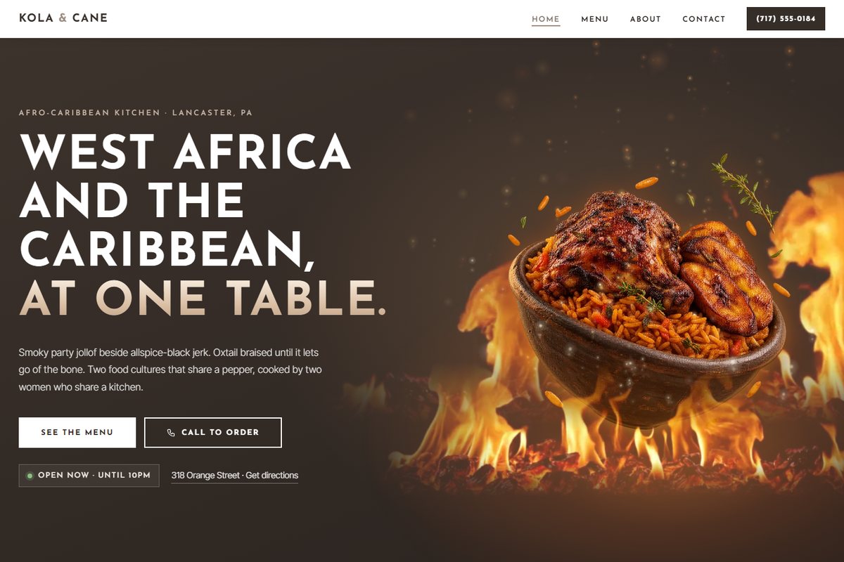 Kola & Cane concept site: a still bowl of jollof and jerk in scroll-built fire
