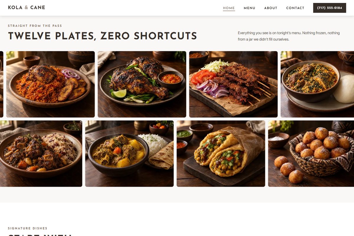 Kola & Cane concept site: a moving marquee of twelve dishes