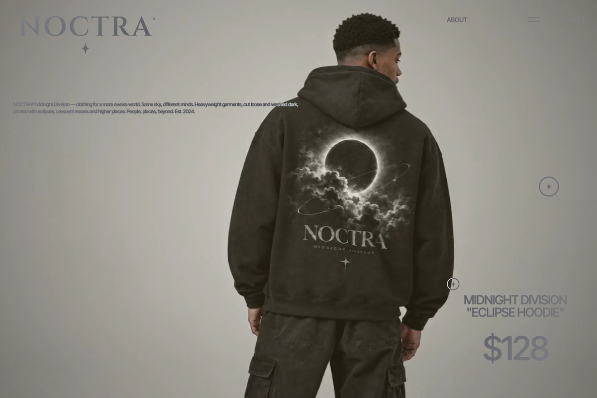 NOCTRA concept site: the cursor turns the model to show the eclipse print on the hoodie's back