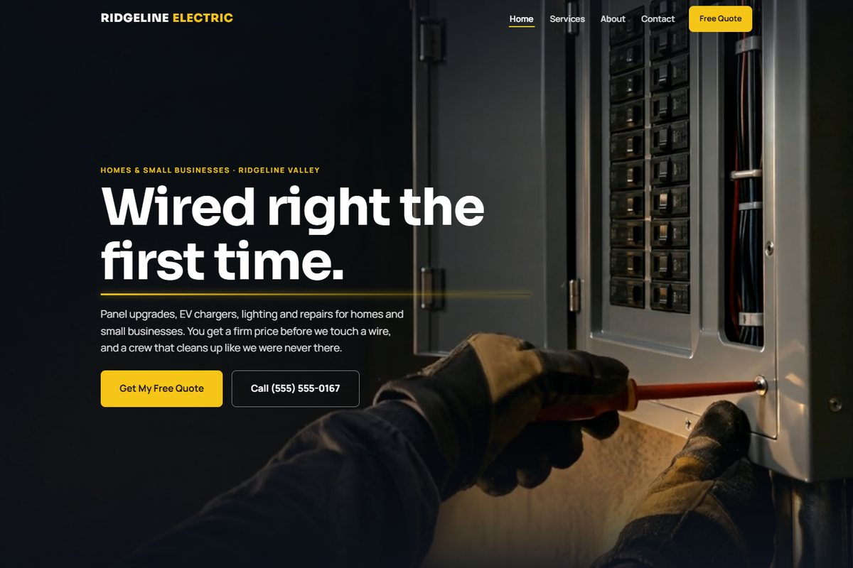 Ridgeline Electric concept site: homepage hero with call-now button