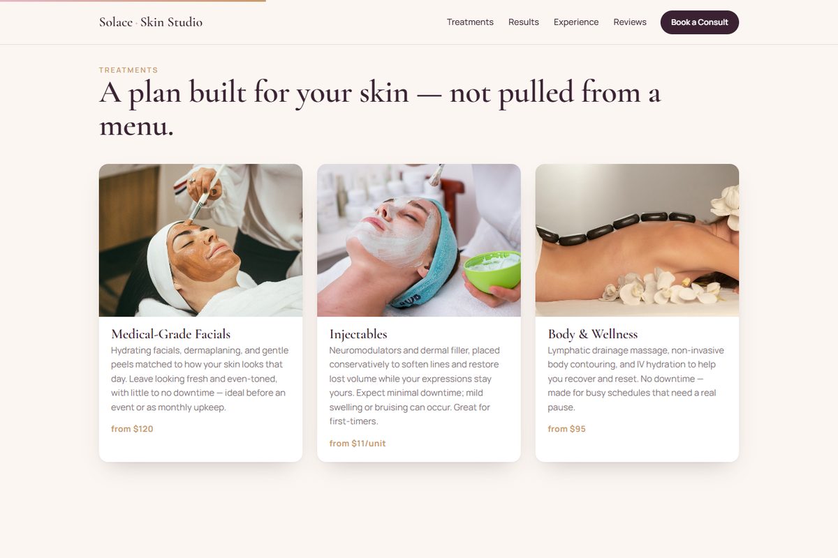 Solace Skin Studio concept site: treatments section