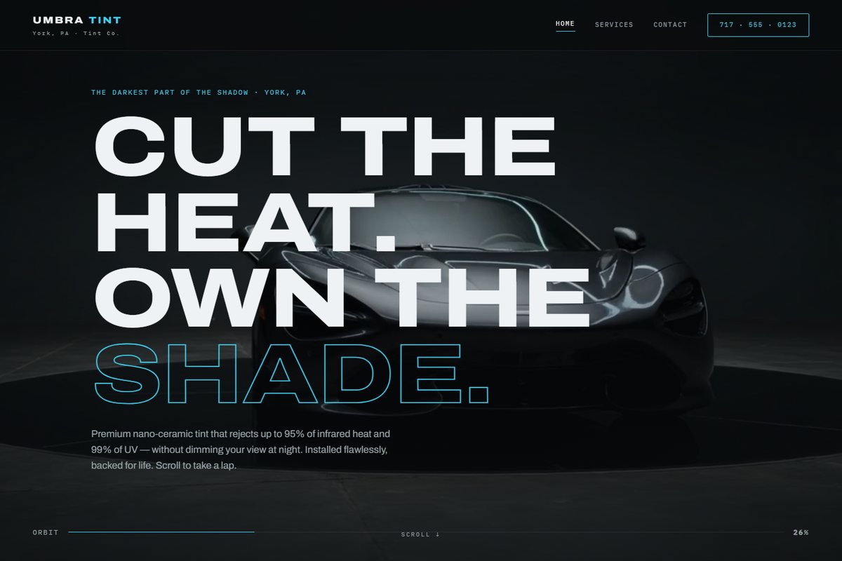 Umbra Tint Co. concept site: scroll-driven supercar hero