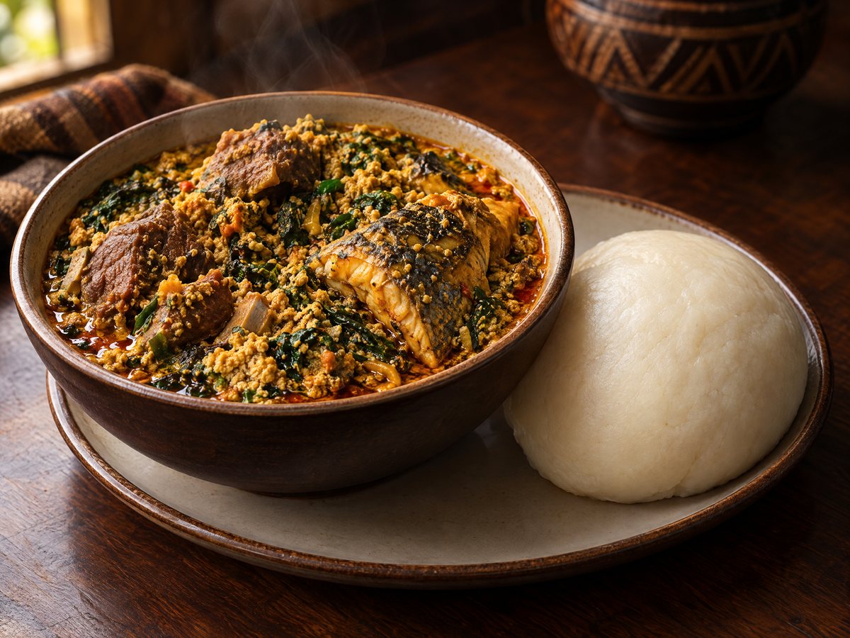 Egusi soup with a ball of pounded yam