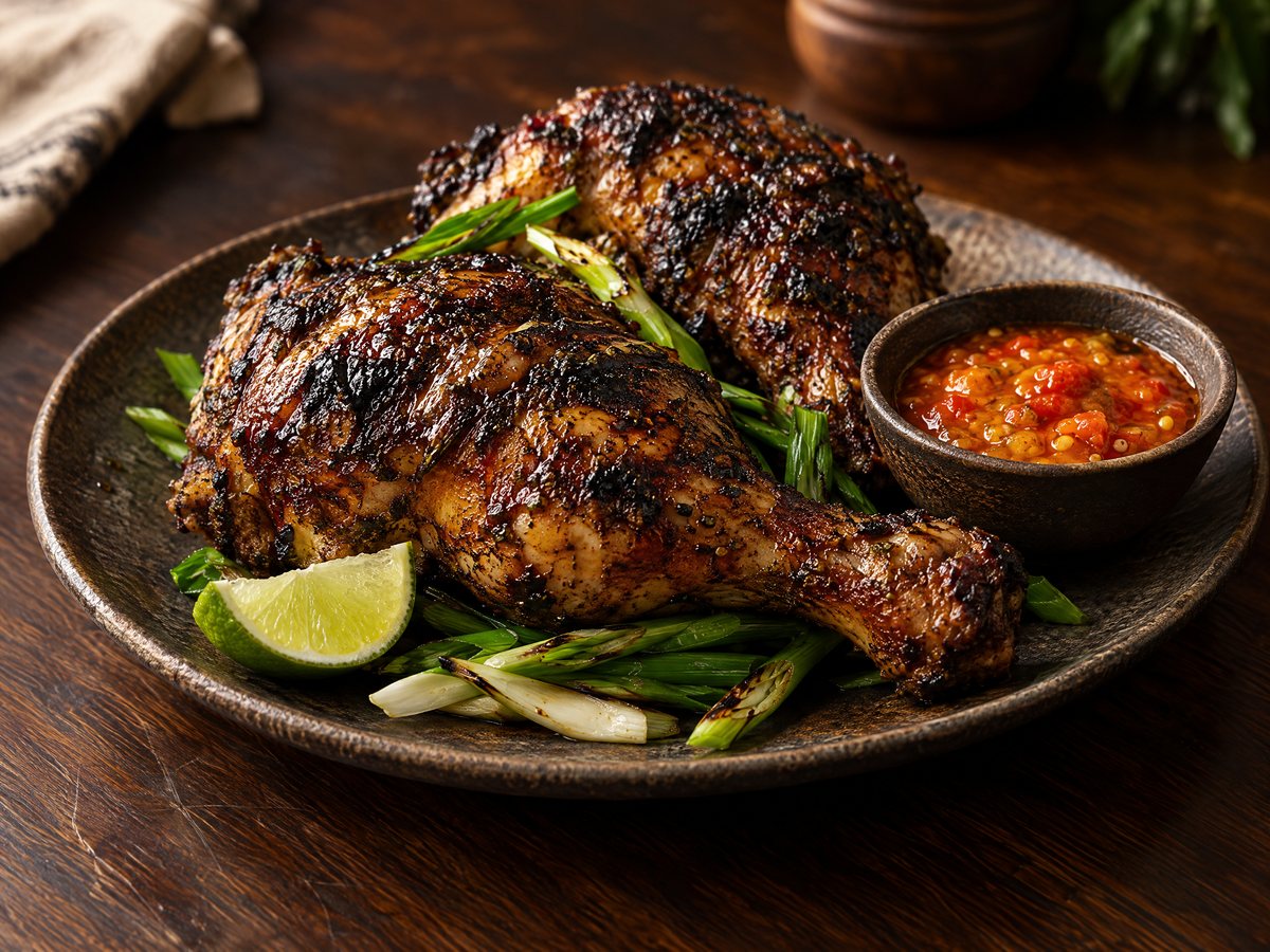 Charred jerk chicken with lime and pepper sauce