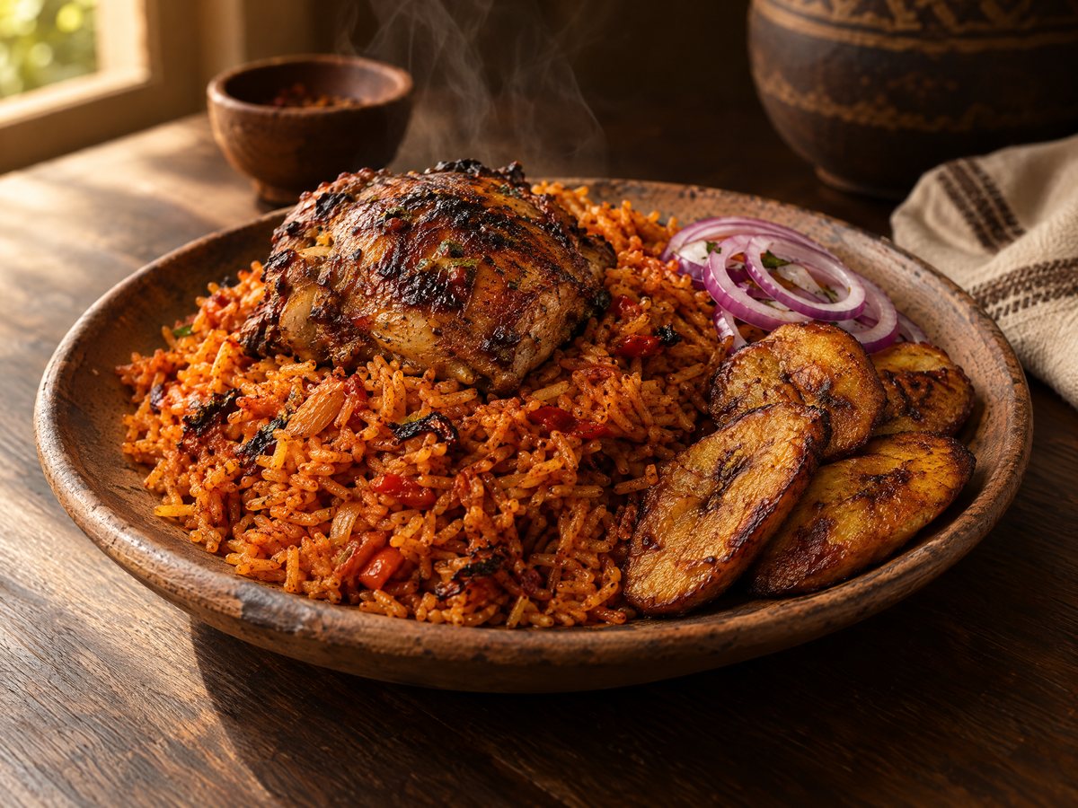 Jollof rice with roast chicken and plantains