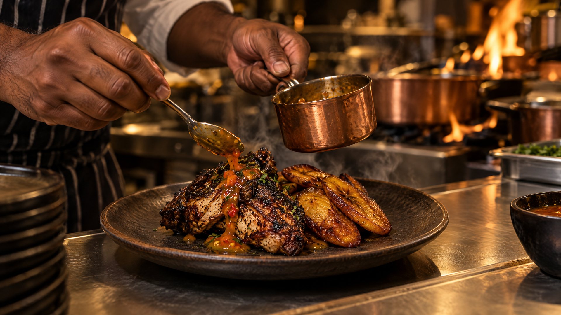 A cook spooning sauce over jerk chicken and plantains at the kitchen pass