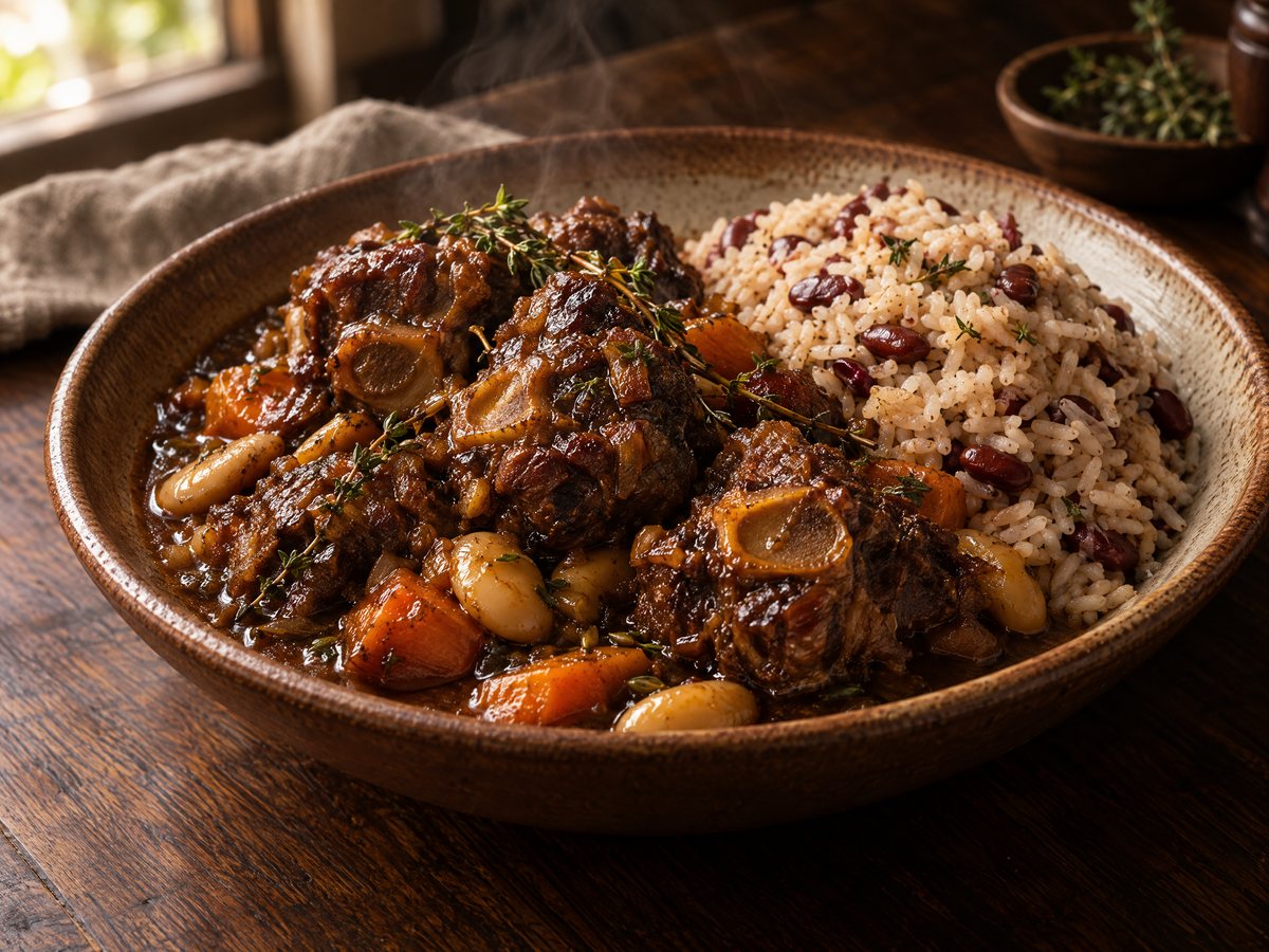 Oxtail stew with butter beans and rice and peas