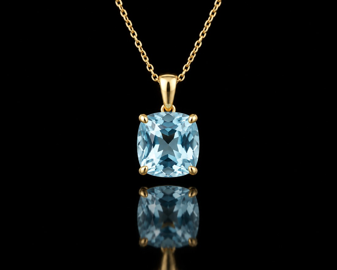Cushion-cut aquamarine pendant in yellow gold