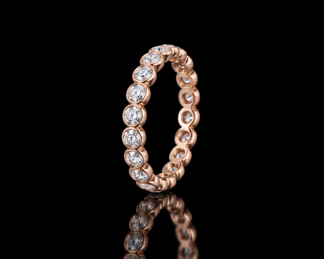 Bezel-set round diamond eternity band in rose gold