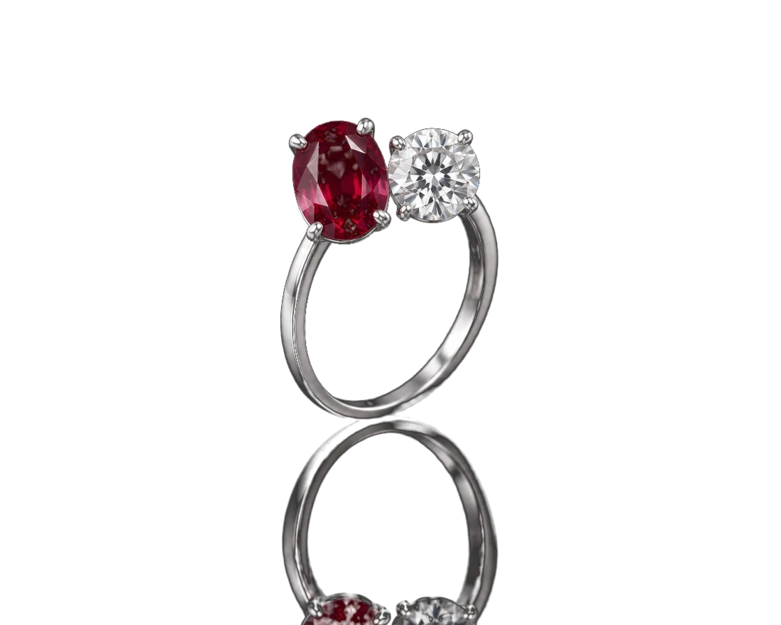 Toi et moi ring with a ruby and a diamond in platinum