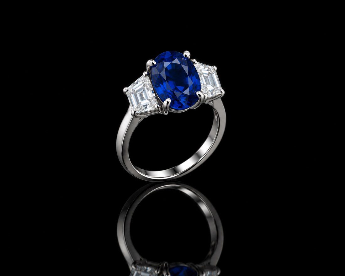 Custom three-stone ring with a sapphire and two diamonds in platinum