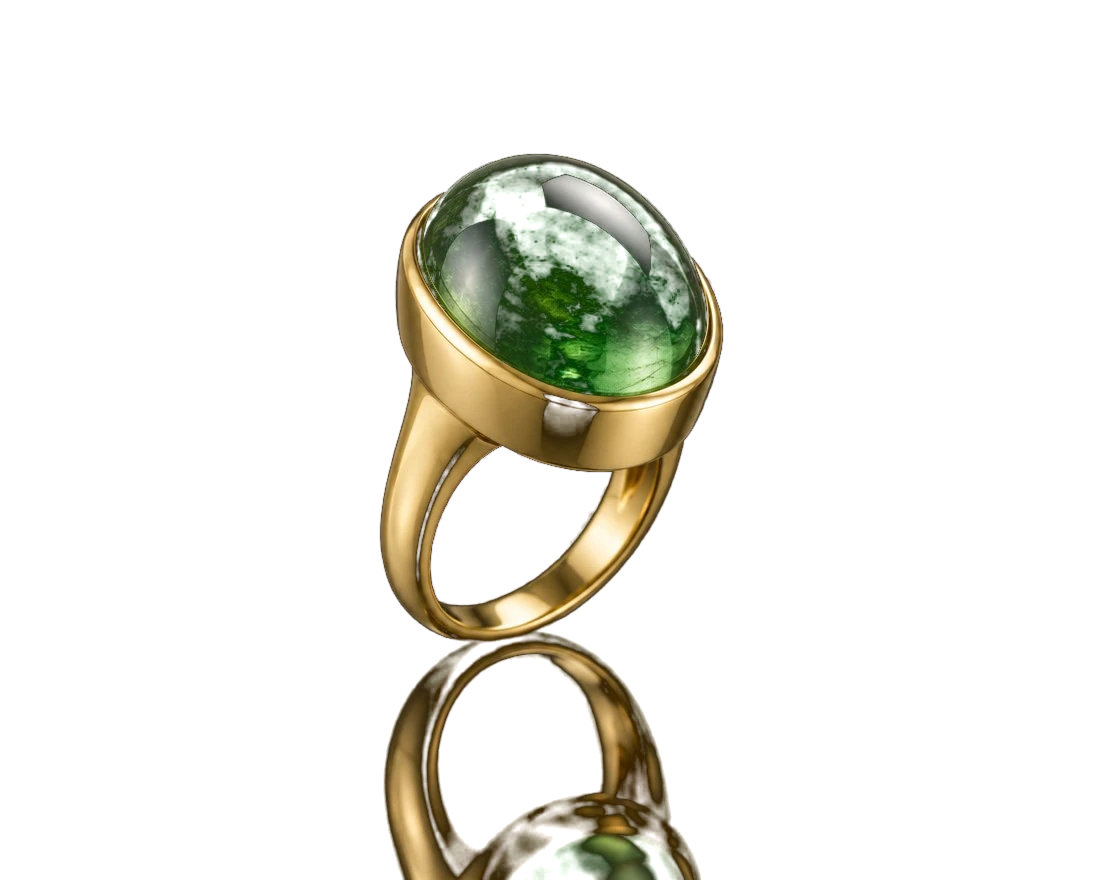 Green tourmaline cabochon ring in yellow gold