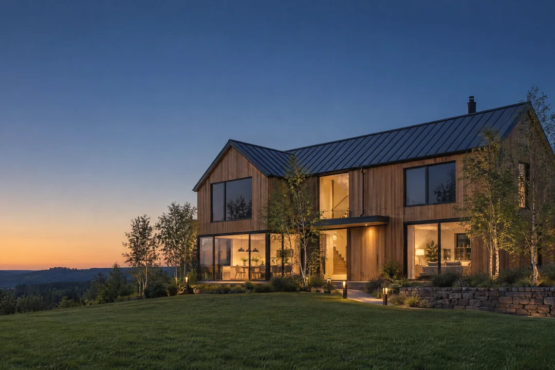 Family home at dusk with every room lit