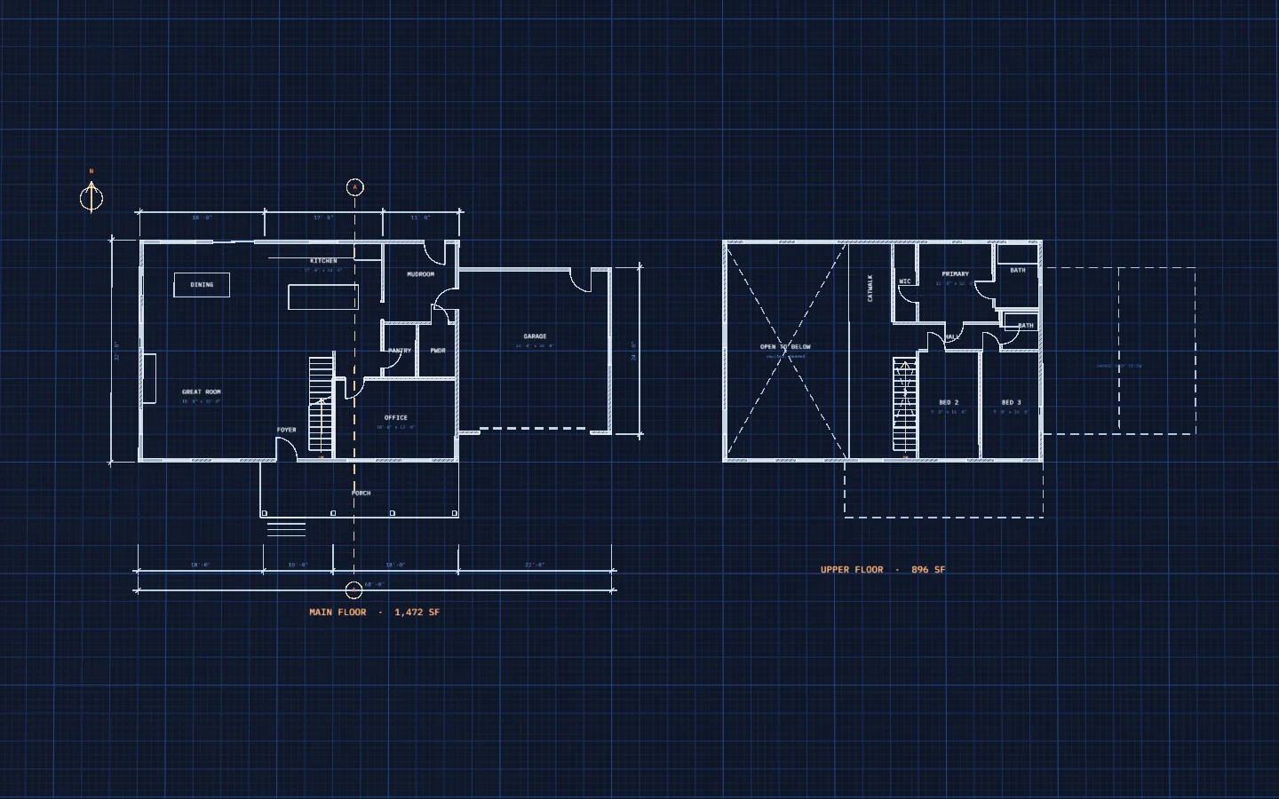 Render: the main and upper floor plans drawn in blue lines on a dark drafting grid, with dimensions and room names.