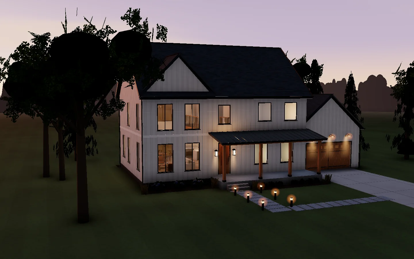 Render: the finished two-storey farmhouse at dusk: white board-and-batten, black windows, a standing-seam porch roof and warm windows.