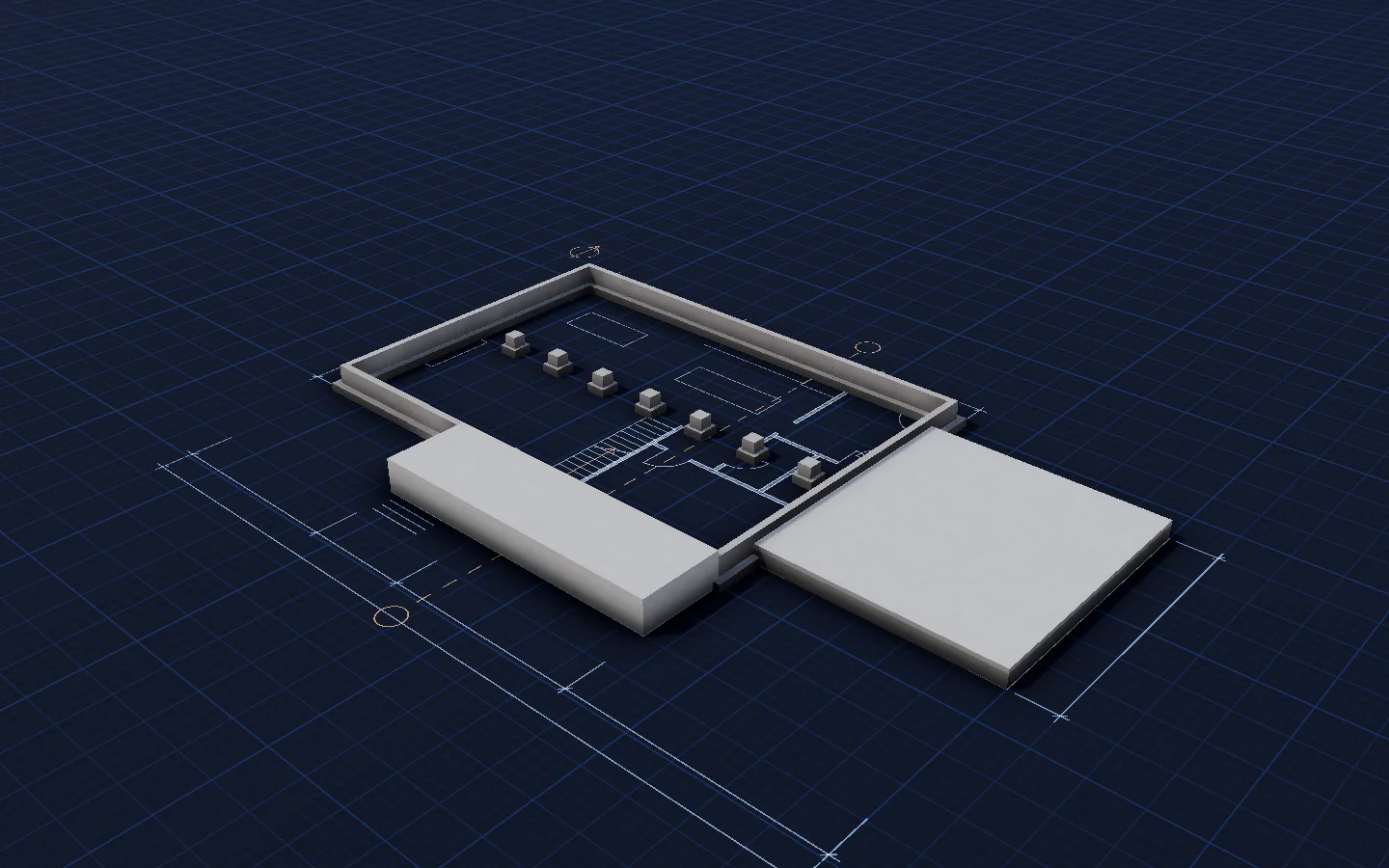 Render: concrete footings, stem walls, piers, the garage slab and the porch slab standing on the plan lines.
