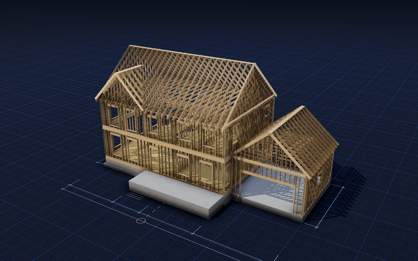 Render: the two-storey timber frame with floor joists, wall studs, headers and steep roof rafters.