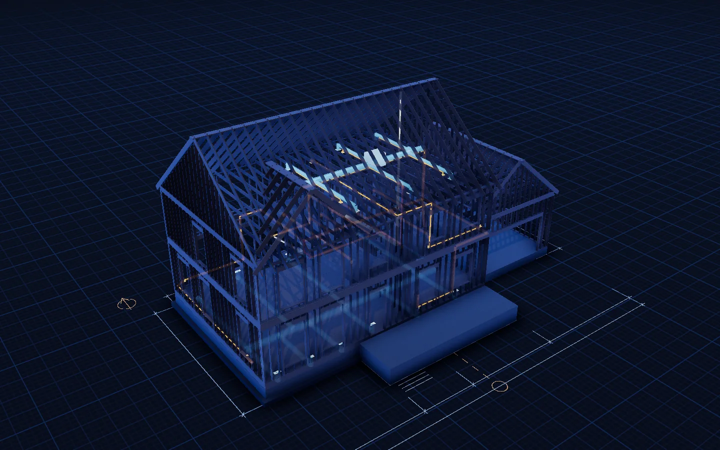 Render: an x-ray view of the dimmed frame with glowing electrical, plumbing and duct runs on both floors.