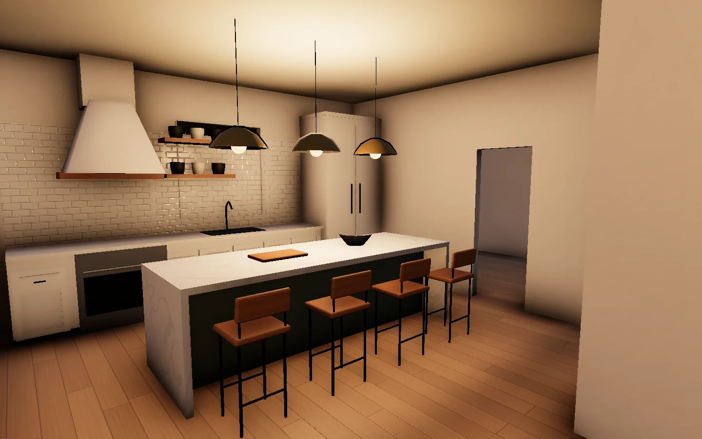 Render: inside the open great room, a kitchen island with stools under warm black pendants.
