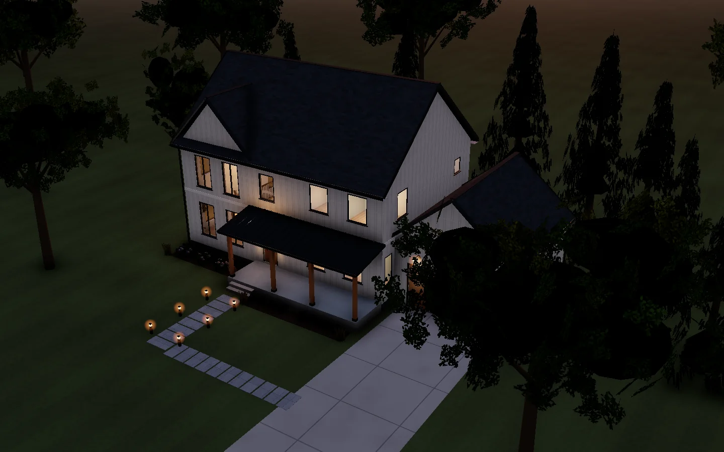 Render: an aerial view of the farmhouse, garage and landscaped lot at dusk.