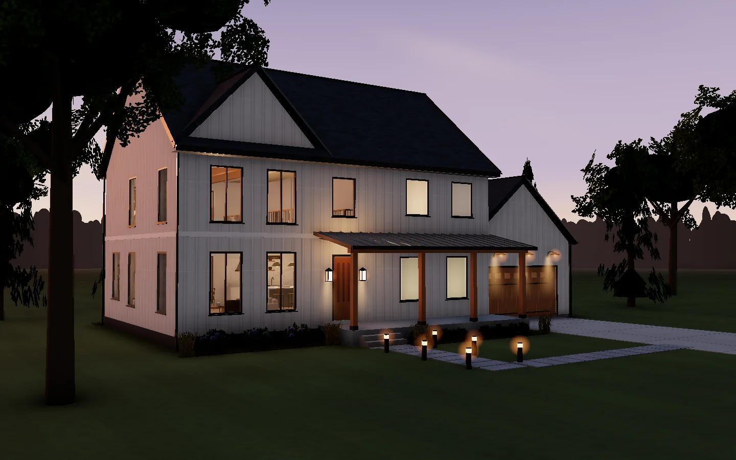 Render: the two-storey farmhouse from the street at dusk, white board-and-batten, black windows, a cedar and standing-seam porch, warm windows and path lights.