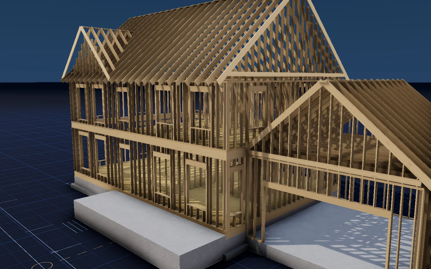 Render: a close view of the two-storey wall framing and the steep roof rafters.