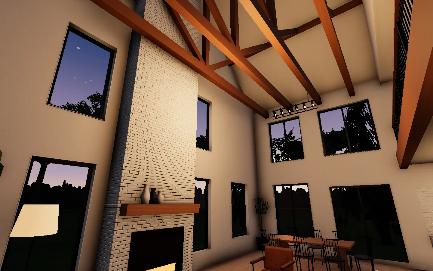 Render: the vaulted great room with exposed cedar beams, a painted brick fireplace wall and tall black windows.