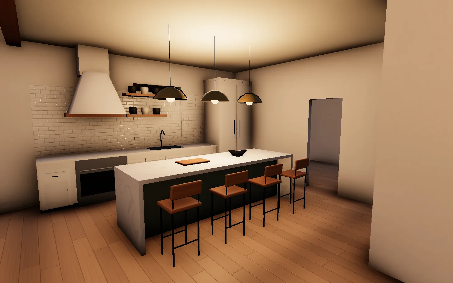 Render: the kitchen with white shaker cabinets, a sage waterfall island, subway tile and black dome pendants.