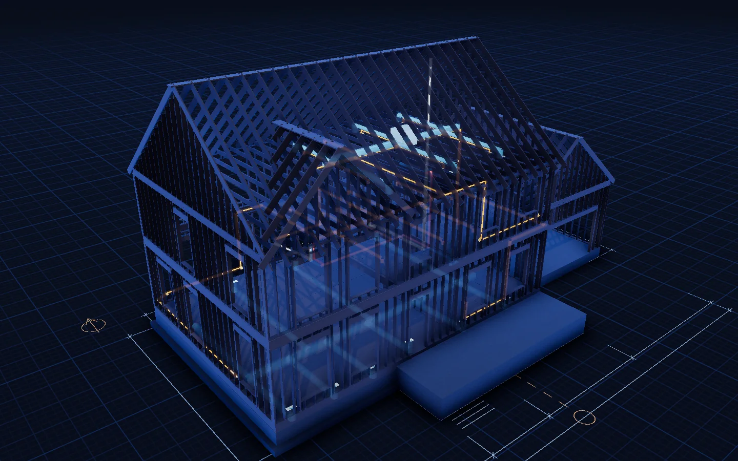 Render: x-ray view of the frame with glowing wires, pipes and ducts on both floors.
