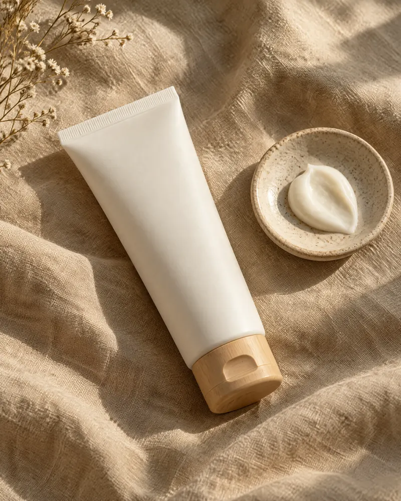An unlabelled white tube with an oak-coloured cap on linen beside a small dish of cream cleanser