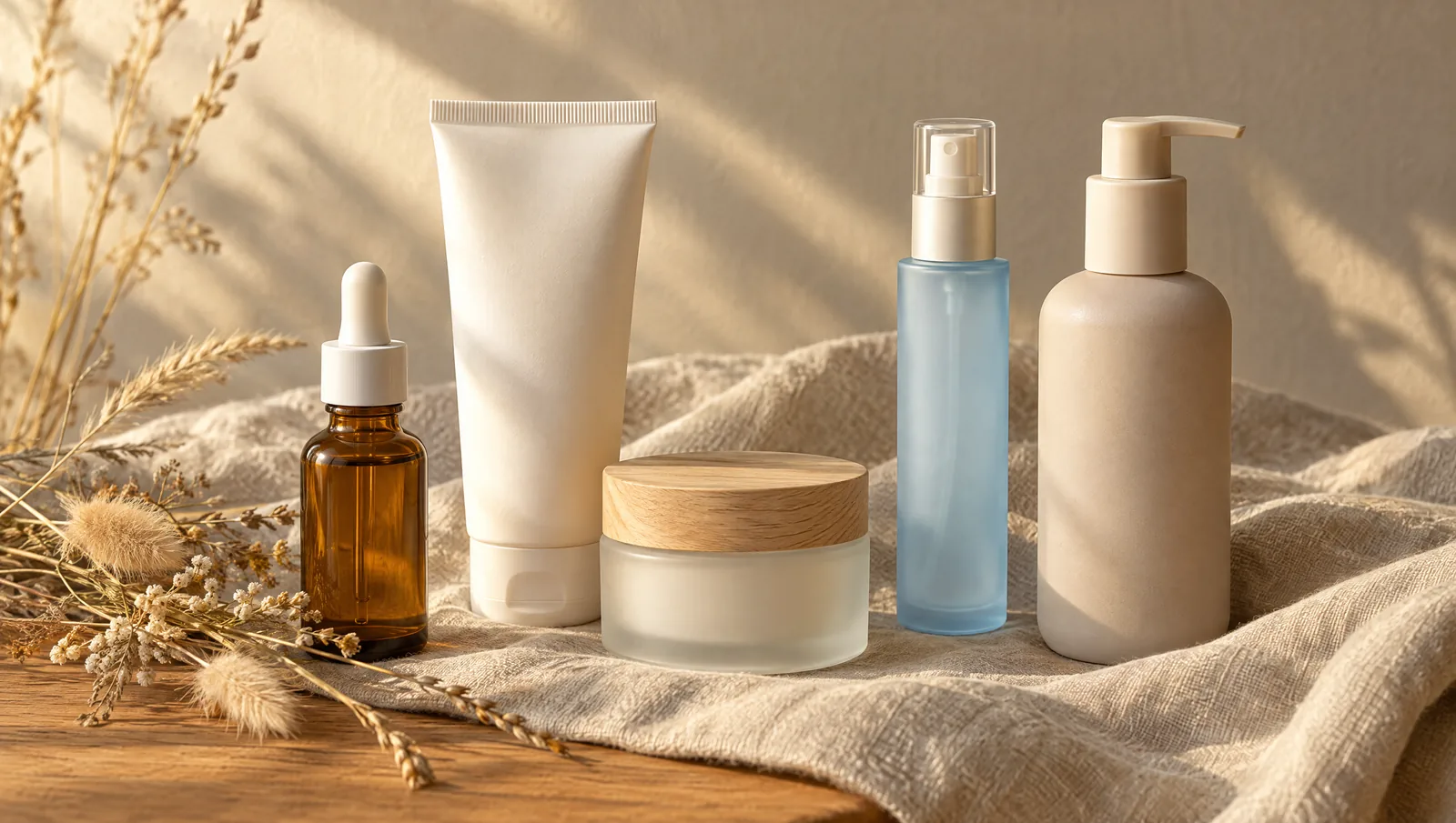 An unlabelled dropper bottle, tube, jar, mist bottle and pump bottle on creased linen in low golden light