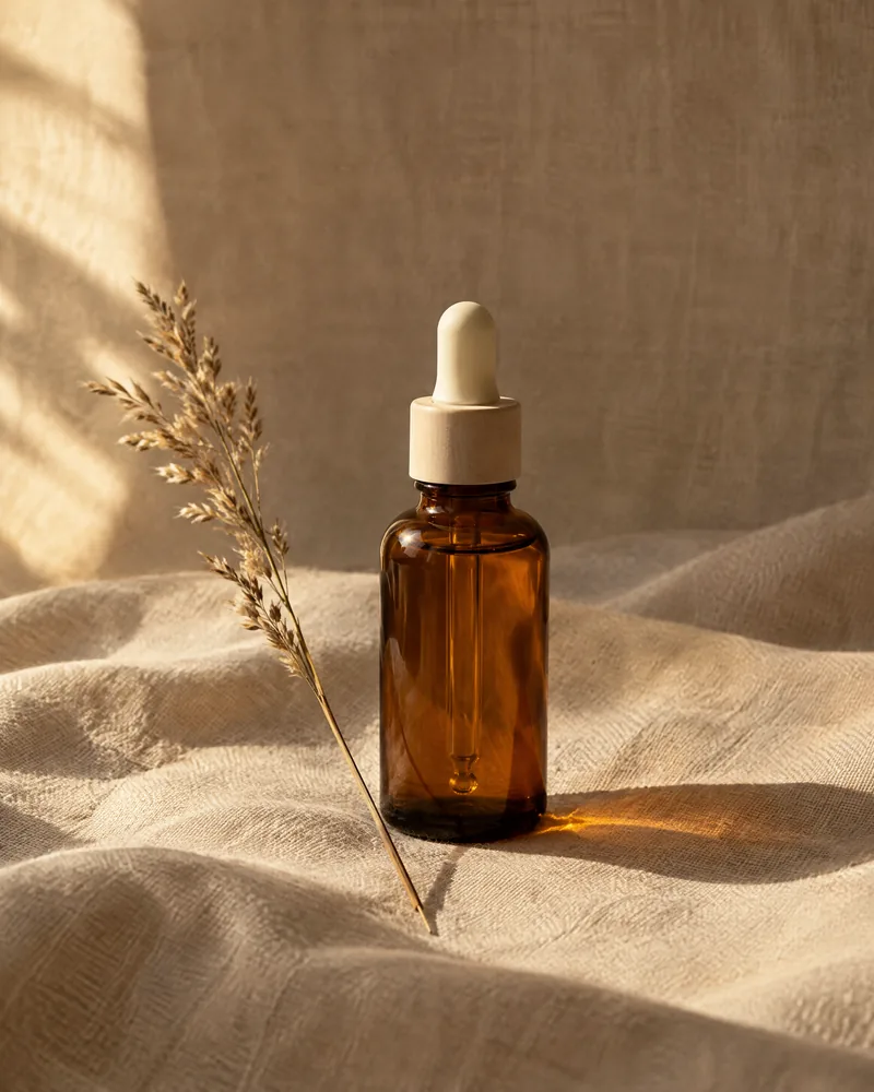 An unlabelled amber glass dropper bottle on creased linen beside a dried grass stem