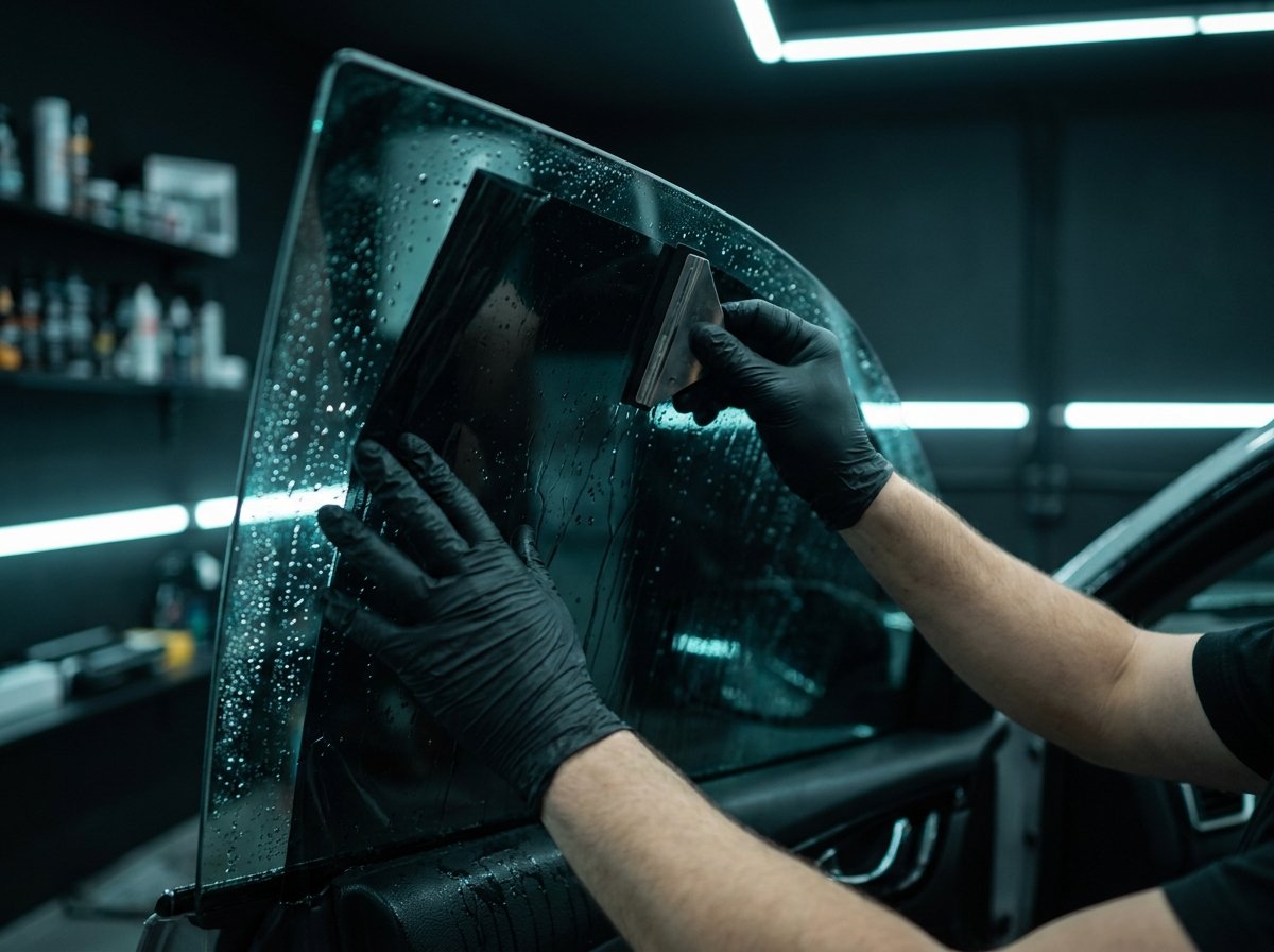 Installer squeegeeing tint film onto a car door window