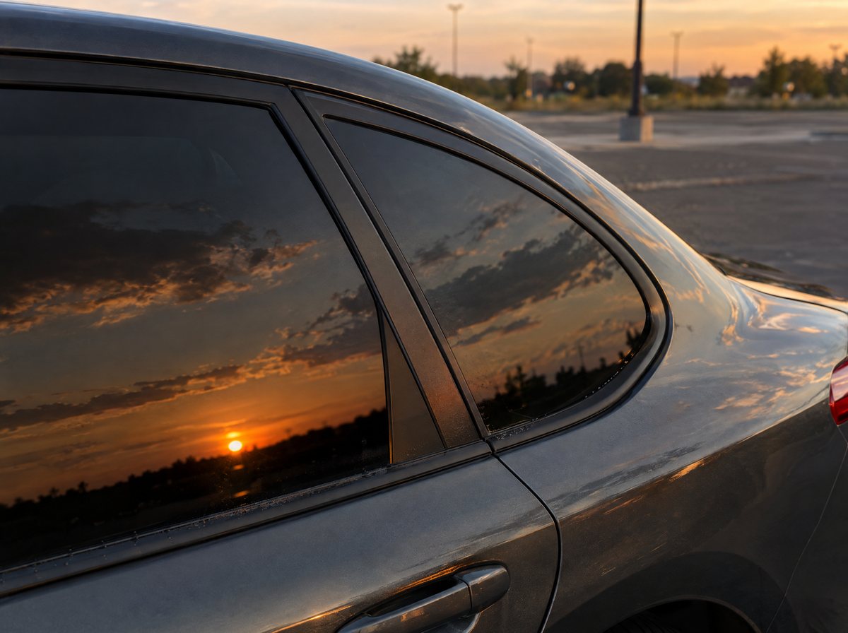 Rear door and quarter glass with fresh dark tint reflecting a sunset