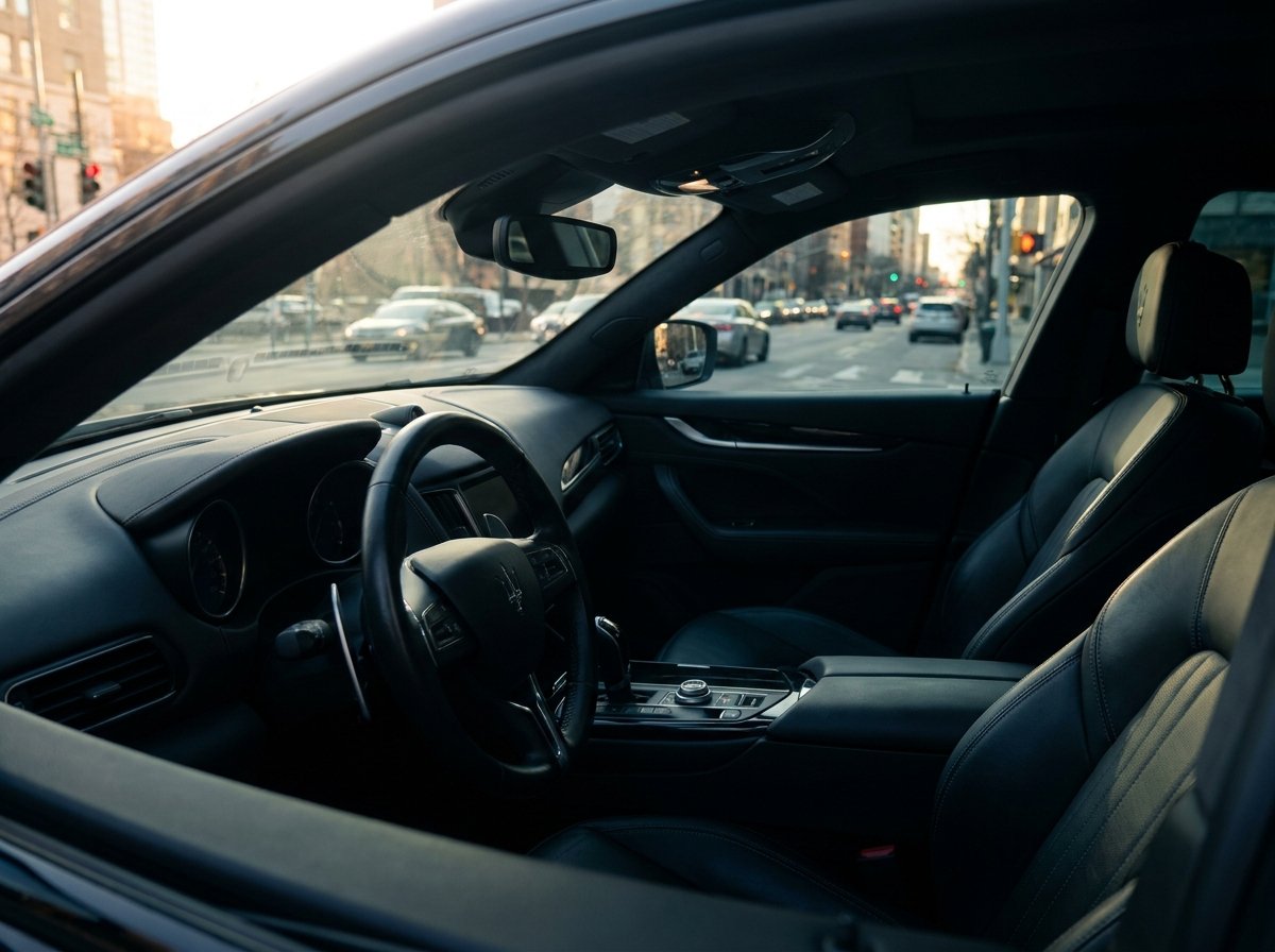 Shaded leather interior viewed through tinted glass